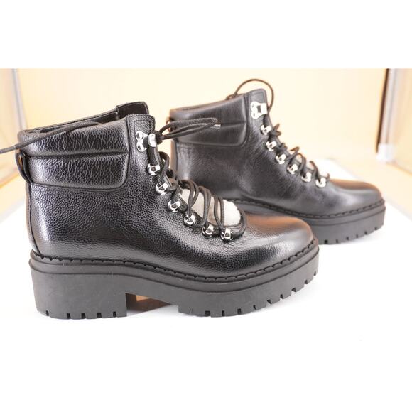 Marc Fisher Nairy Black Leather Shearling ankle boot size 7.5 biker Lugg wool - Picture 6 of 11